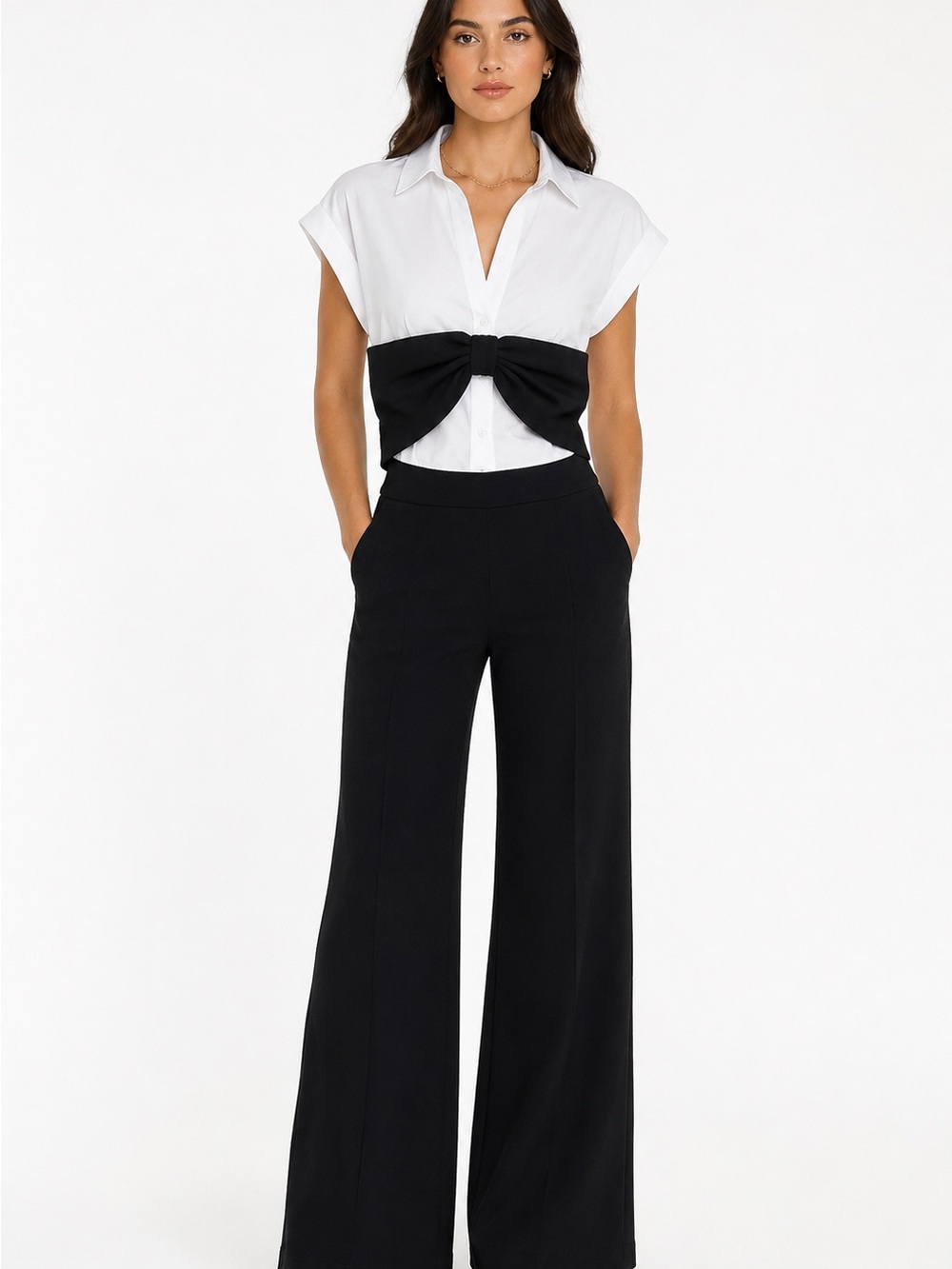 Just Bee Queen White Button-Front Top with Black Bow Accent